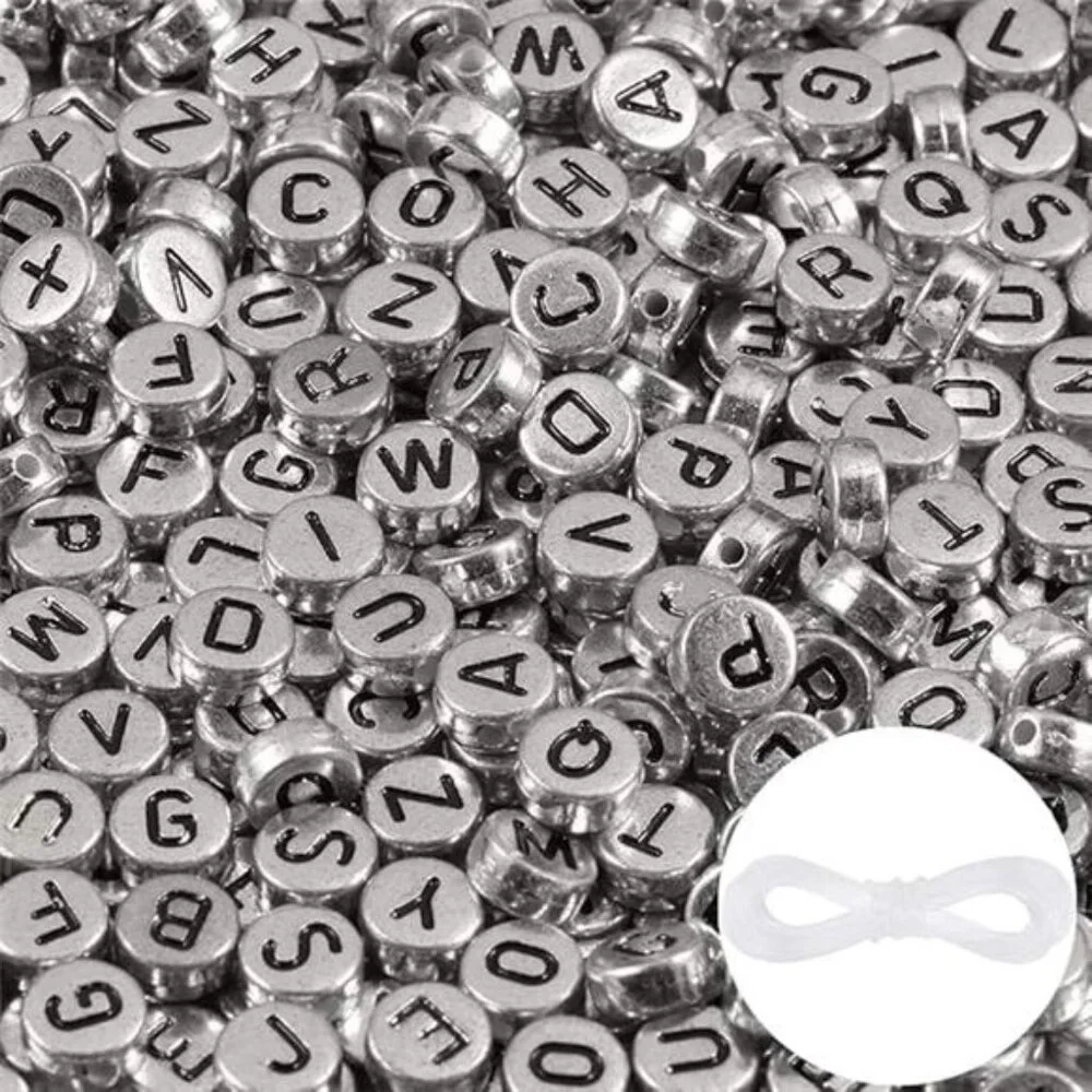 1000pcs Silver Letter Beads for Bracelets 4x7mm Black Alphabet A-Z Beads